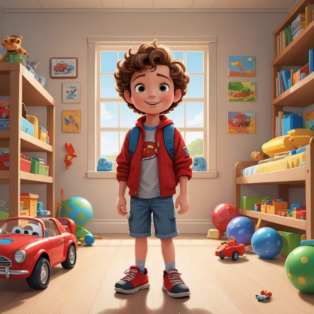 a boy standing in a room with toys and a car in the background, and a red toy car in the foreground, photorealism, poster art, Chris LaBrooy, rossdraws global illumination