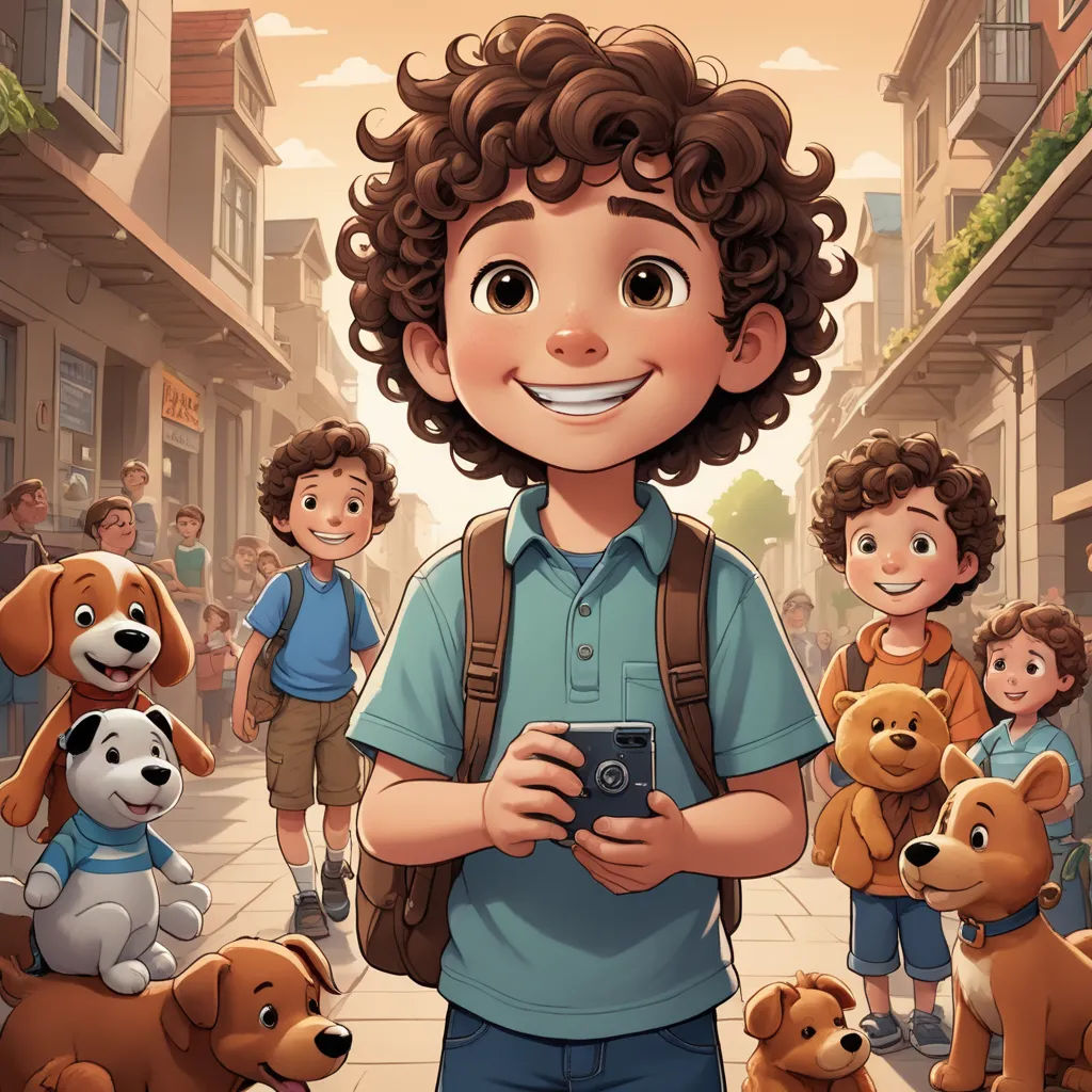a boy is standing in front of a group of dogs and a boy is holding a camera in his hands, serial art, a storybook illustration, Diego Gisbert Llorens, key art