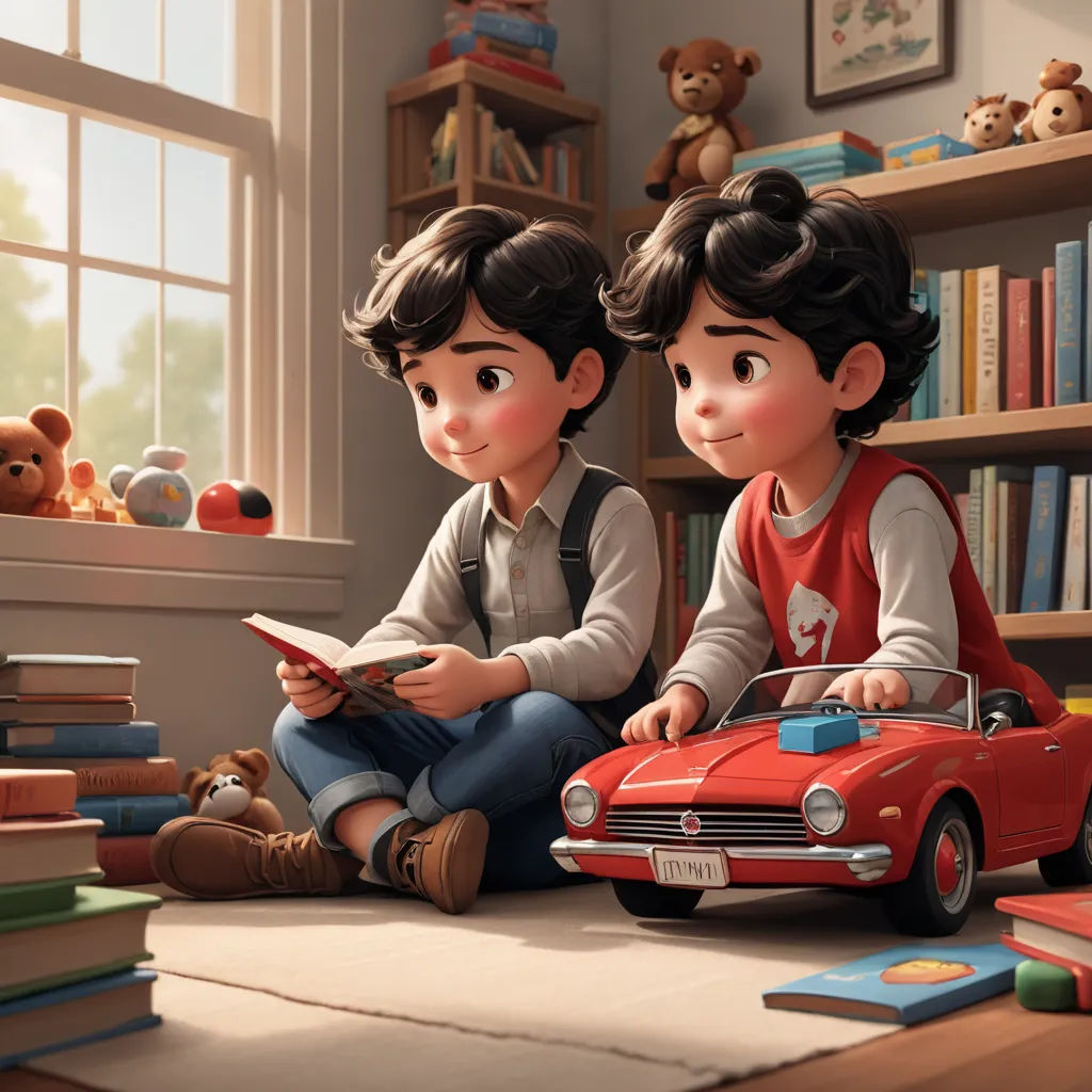 a boy and a girl sitting on the floor reading a book together in a room with bookshelves and a teddy bear, photorealism, a storybook illustration, Eddie Mendoza, cgstudio