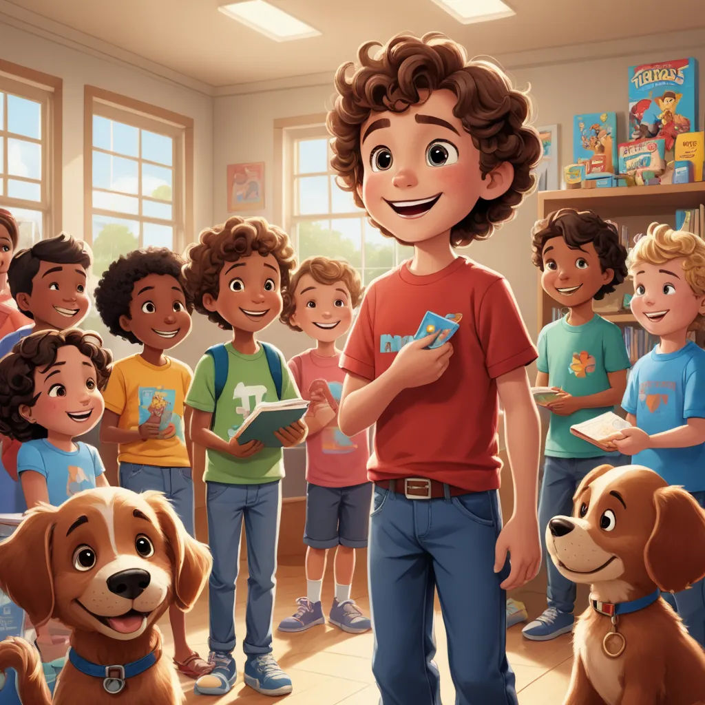 a boy standing in front of a group of children and a dog in a room with a bookcase, furry art, a storybook illustration, Alejandro Burdisio, official art
