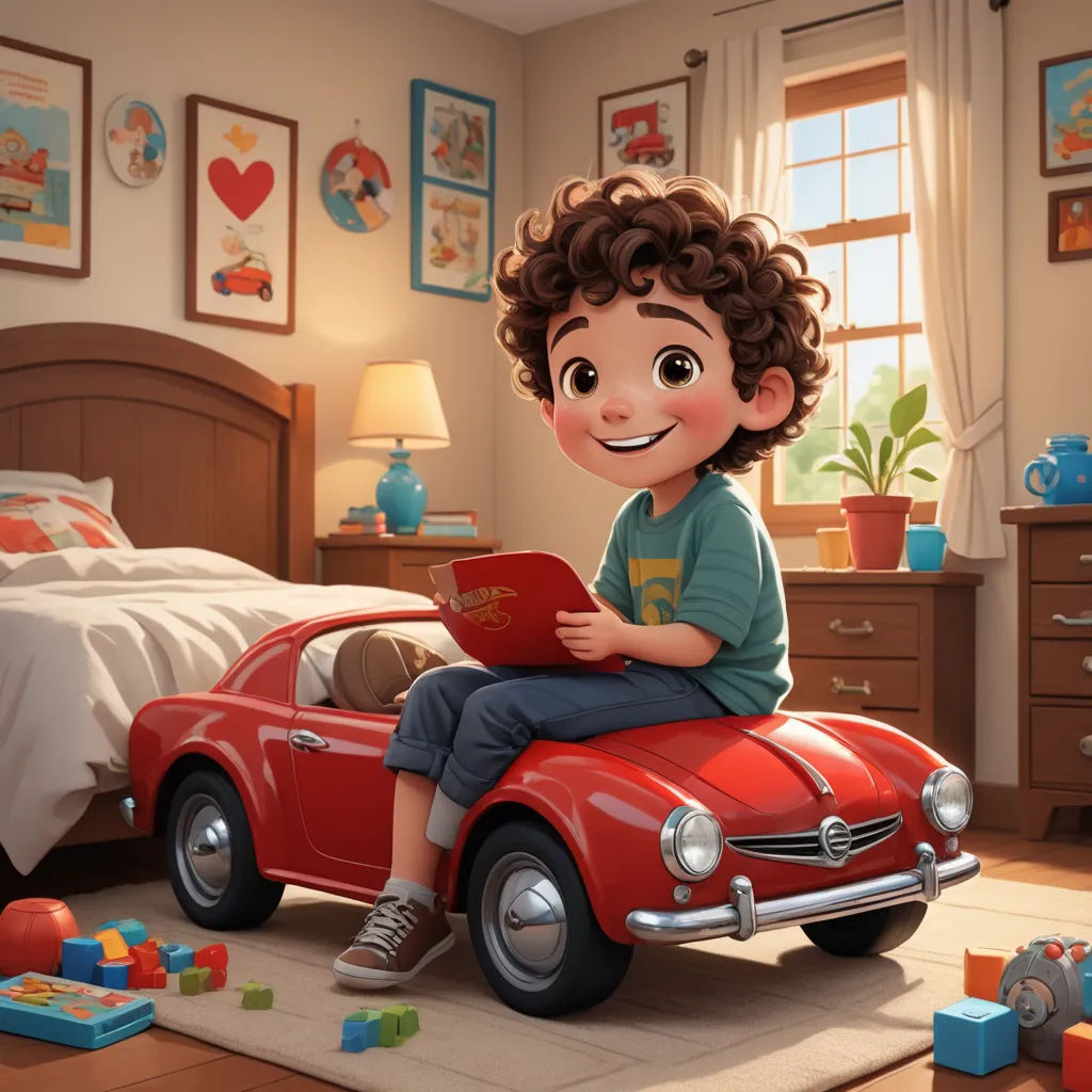 a boy sitting on a toy car in a bedroom with toys and a bed in the background and a toy car in the foreground, photorealism, an ultrafine detailed painting, Chris LaBrooy, unreal engine highly rendered