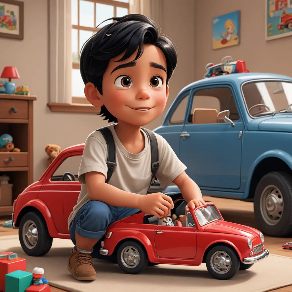 a boy is playing with a toy car in a room with toys and a teddy bear on the floor, photorealism, an ultrafine detailed painting, Eddie Mendoza, promotional image