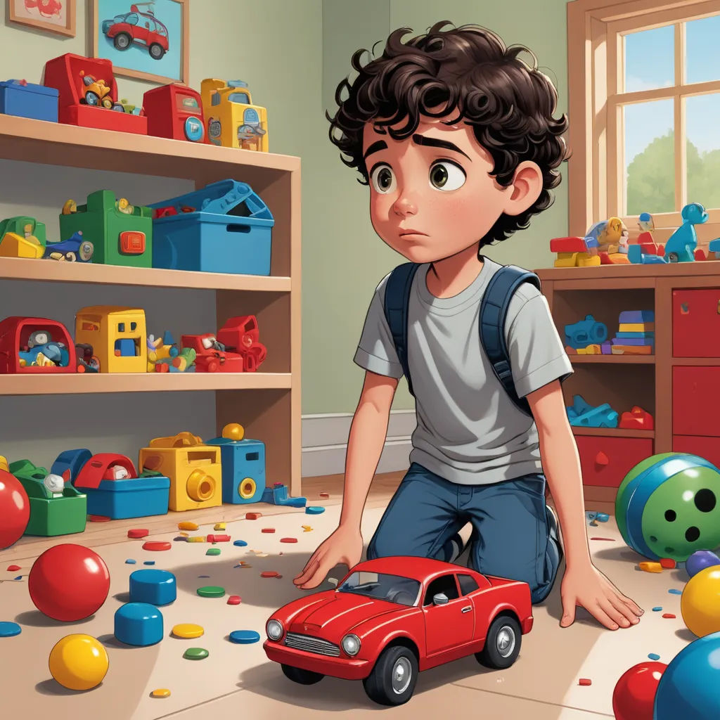 a boy playing with a toy car in a room full of toys and toys on the floor and a shelf with toys, auto-destructive art, a storybook illustration, Diego Gisbert Llorens, storybook illustration