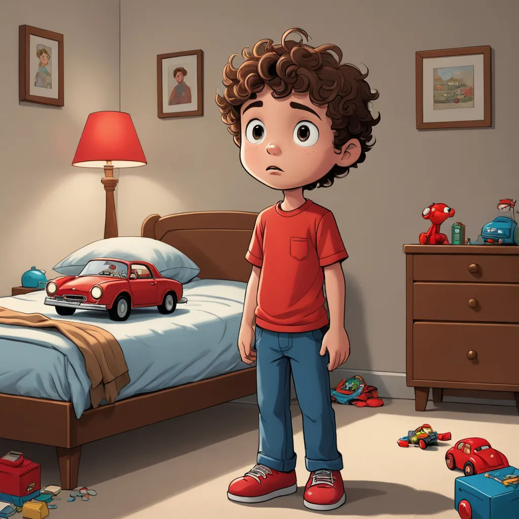 a boy standing in a bedroom with a toy car on the bed and a toy car on the floor, photorealism, a storybook illustration, Diego Gisbert Llorens, pixar and disney animation