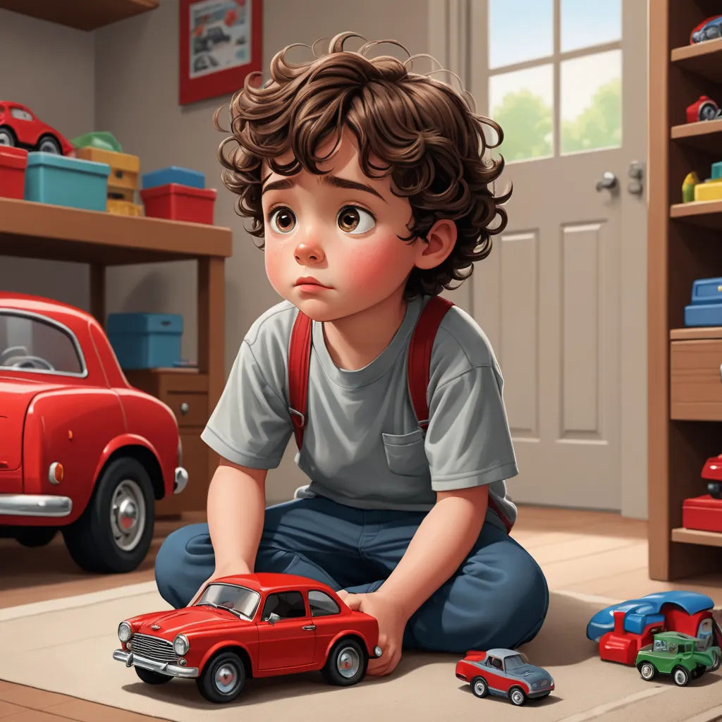a boy is playing with a toy car in a room with toys on the floor and shelves of toys, photorealism, a storybook illustration, Alejandro Burdisio, highly detailed digital painting