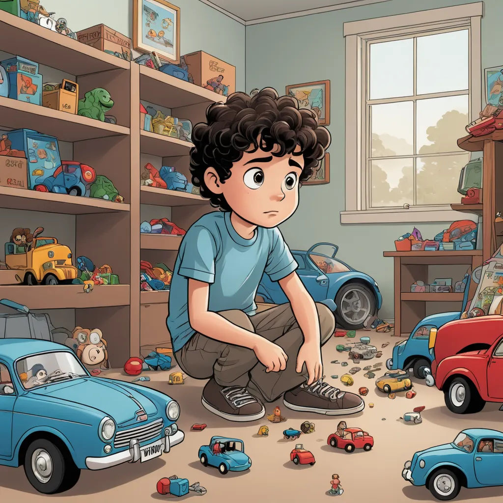a boy is playing with toys in a room with a bookcase and a window on the wall and a car in the floor, photorealism, a storybook illustration, Aaron Jasinski, storybook illustration