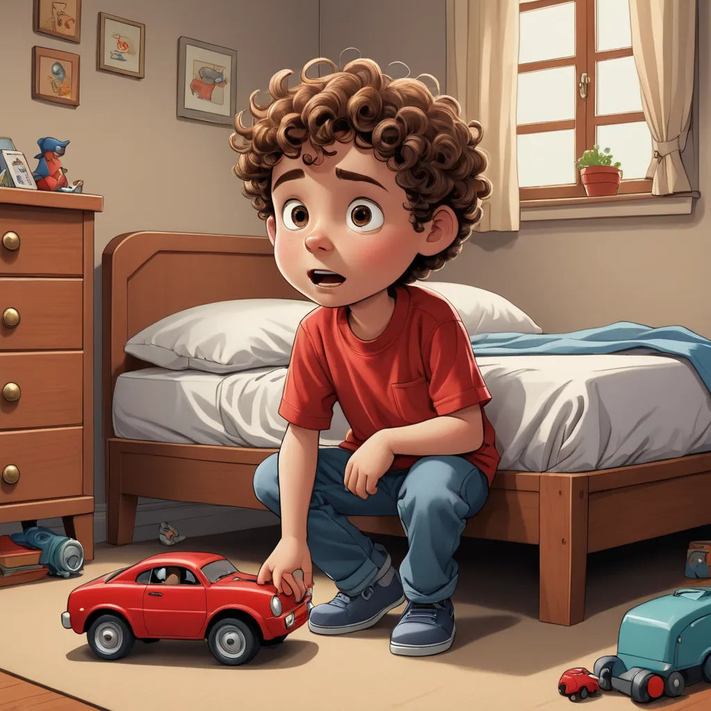 a boy sitting on a bed with a toy car in front of him and a toy car in front of him, photorealism, a storybook illustration, Diego Gisbert Llorens, cgstudio