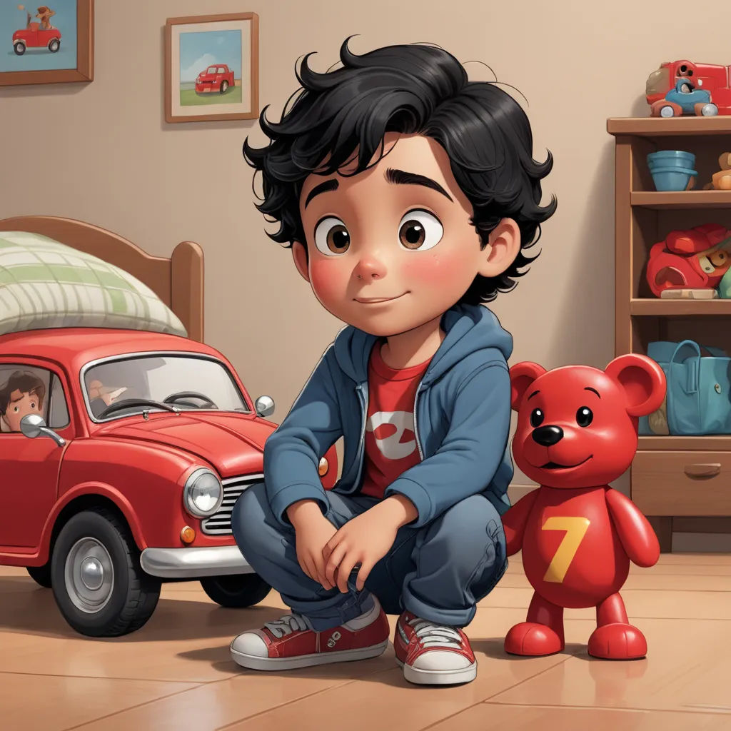 a boy sitting on the floor next to a red teddy bear and a red car in a bedroom with a red wall, photorealism, a storybook illustration, Eddie Mendoza, pixar and disney animation