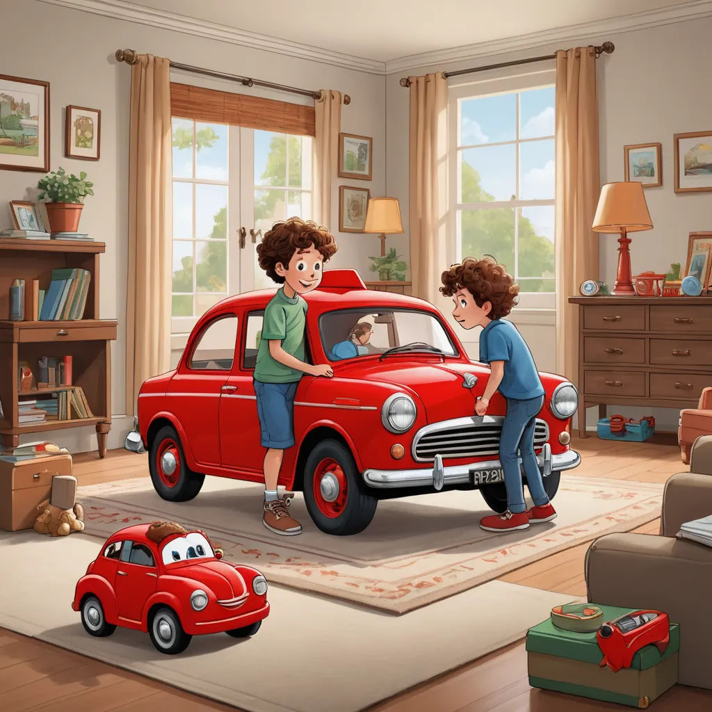 a painting of two boys playing with a red car in a living room with a dog on the floor, photorealism, a storybook illustration, Diego Gisbert Llorens, matte drawing