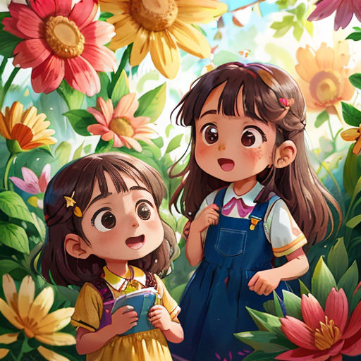 two little girls standing in a field of flowers with a book in their hands and a book in their hand