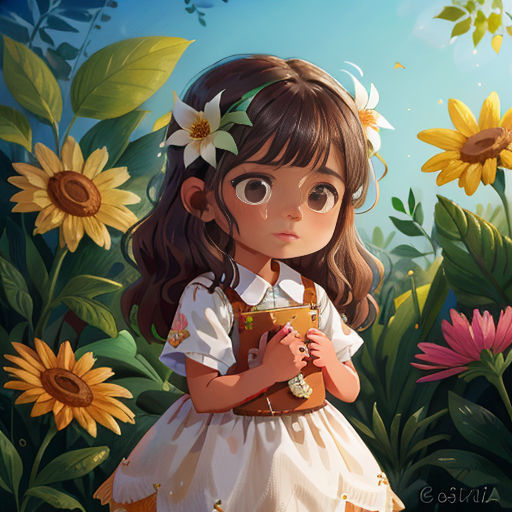 a little girl standing in a field of flowers holding a book in her hands and looking at the camera