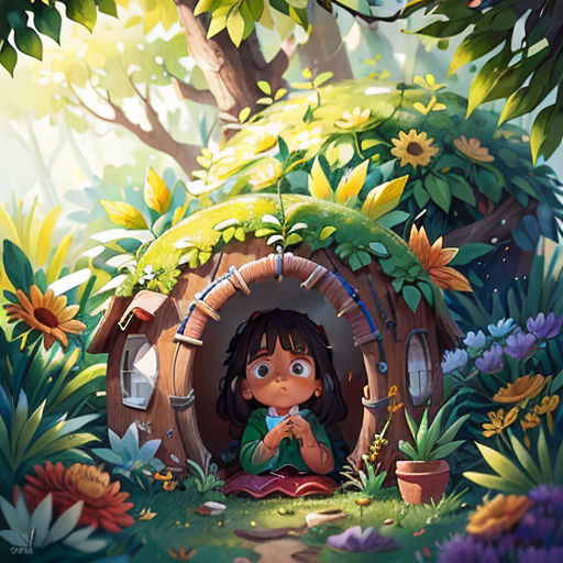a girl sitting in a small house in the woods with flowers around her and a tree in the background