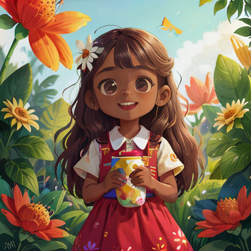 a girl in a red dress holding a cup in a field of flowers and butterflies with a butterfly in her hair