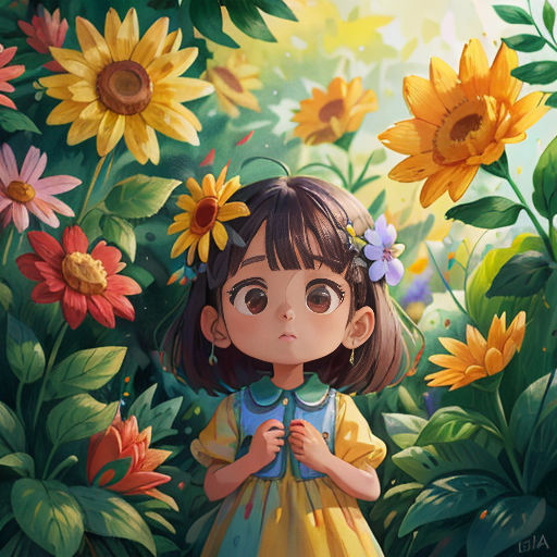 a little girl standing in a field of flowers with a sunflower in her hair and a blue dress