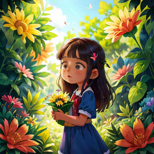 a girl holding a flower in a field of flowers with a sky background and sunflowers in the background