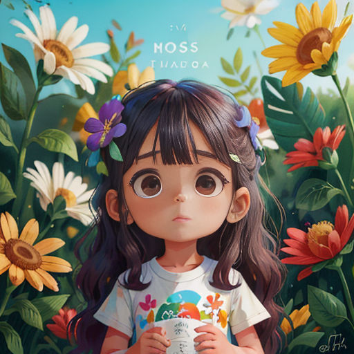 a girl standing in a field of flowers holding a cup of coffee with a message above her head that reads moss