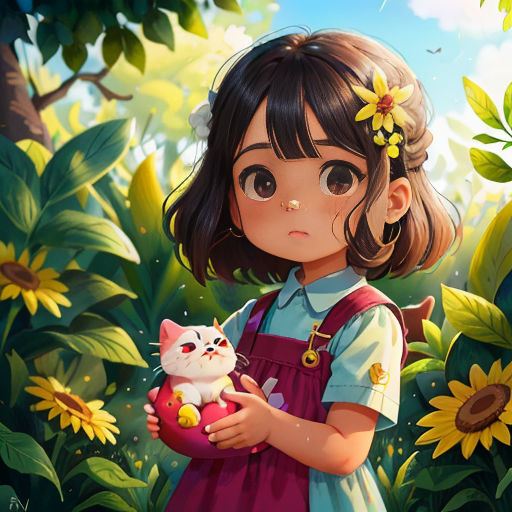 a little girl holding a cat in a field of sunflowers with a sky background and sunflowers