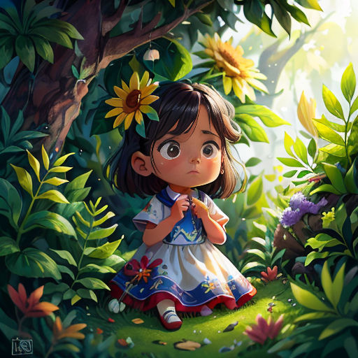 a little girl standing in the middle of a forest with sunflowers on her head and a blue dress