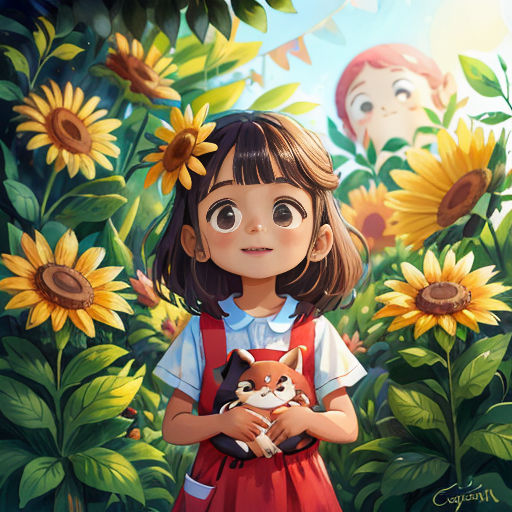 a painting of a girl holding a cat in a field of sunflowers with a boy in the background