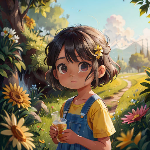 a little girl holding a glass of beer in a field of flowers and trees with a sky background and sunflowers
