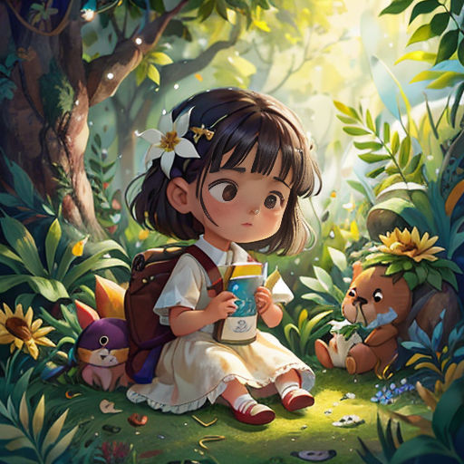 a little girl sitting in the grass with a teddy bear and a book in her hand and a bear holding a cup
