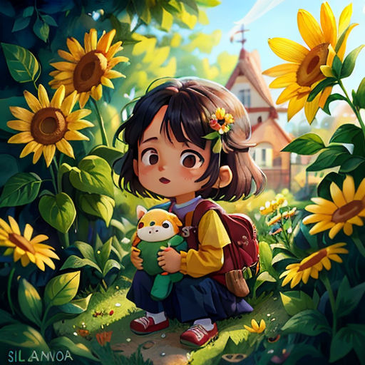 a girl holding a teddy bear in a field of sunflowers with a house in the background and a cat in the foreground
