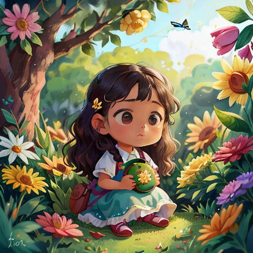 a little girl sitting in the grass with a book in her hand and flowers around her, and a butterfly flying overhead