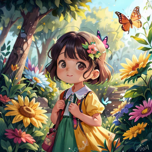 a little girl standing in a field of flowers with a butterfly on her head and a butterfly on her shoulder
