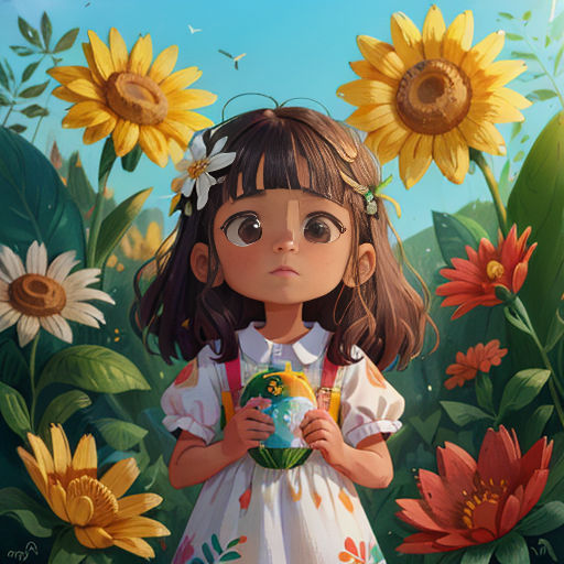 a painting of a little girl holding a basket of eggs in a field of flowers with sunflowers