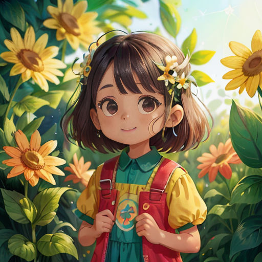 a little girl standing in a field of sunflowers with a flower in her hair and a flower in her hair