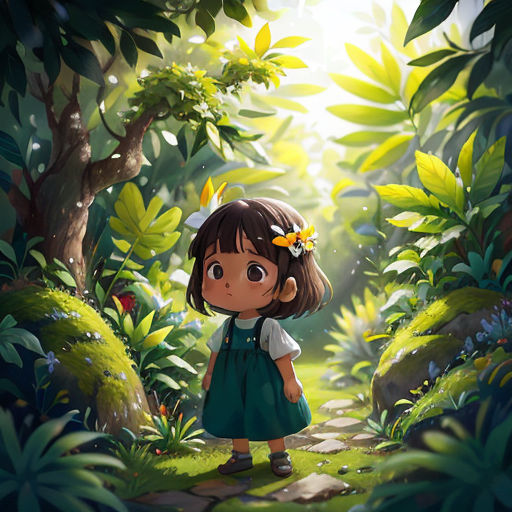 a girl in a green dress standing in a forest with a flower in her hair and a flower in her hair