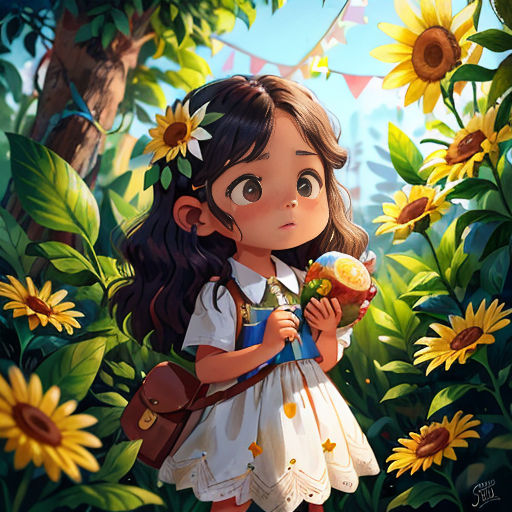 a girl in a white dress holding a cup of ice cream in a sunflower field with a bun