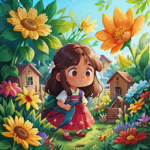 a girl in a garden with flowers and a bird flying above her head, with a bird in the background