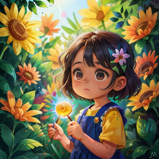 a little girl holding a lollipop in a field of sunflowers with a sky background and sunflowers