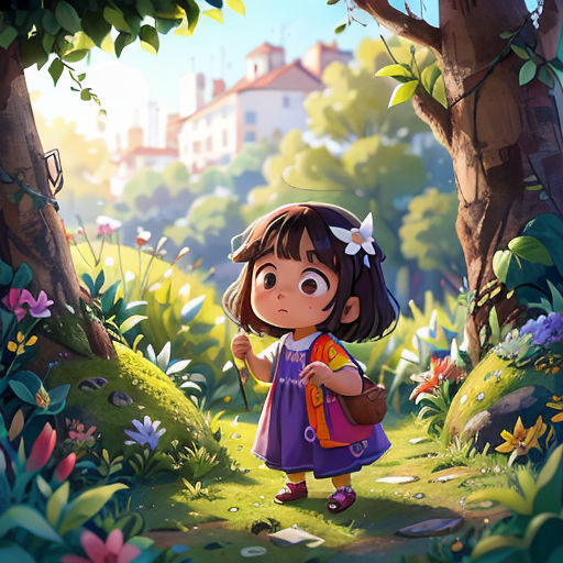 a little girl standing in the middle of a forest with a backpack on her back and a house in the background