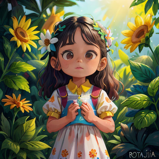 a little girl standing in a field of sunflowers with her hands together and looking at the camera