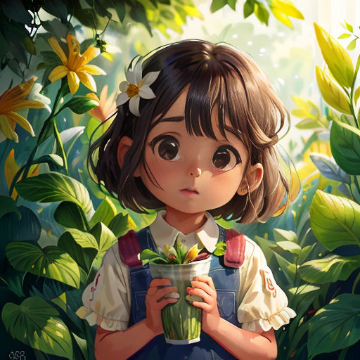 a girl holding a cup of coffee in a forest with flowers on her head and a flower in her hair