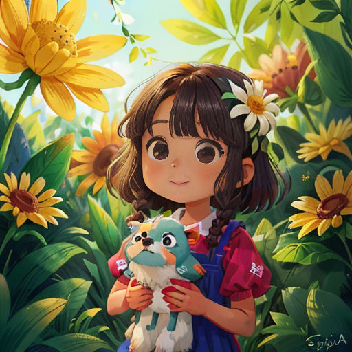 a girl holding a stuffed animal in a field of flowers with a cat in her arms and a bird in her hand