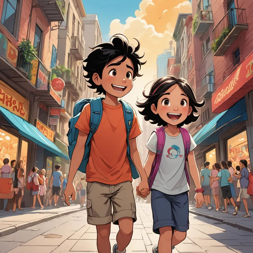 a boy and a girl walking down a street holding hands and smiling at each other with a crowd of people in the background, lyco art, a comic book panel, disney, rossdraws global illumination