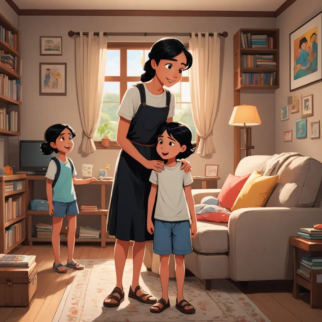 a woman and two children standing in a living room with a couch and a book shelf in the background, lyco art, a storybook illustration, Eric Deschamps, official art
