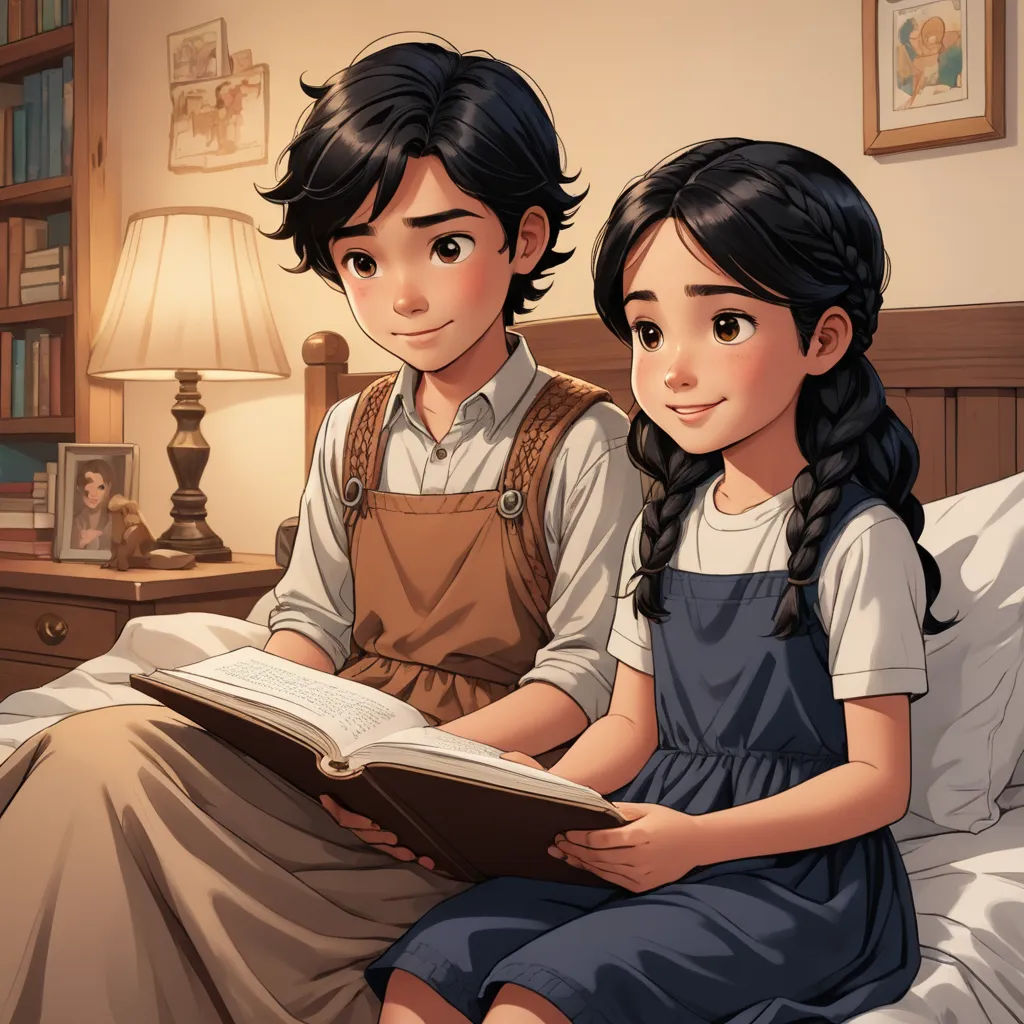 a boy and a girl sitting on a bed reading a book together, with a lamp on the side, serial art, a storybook illustration, Artgerm, storybook illustration