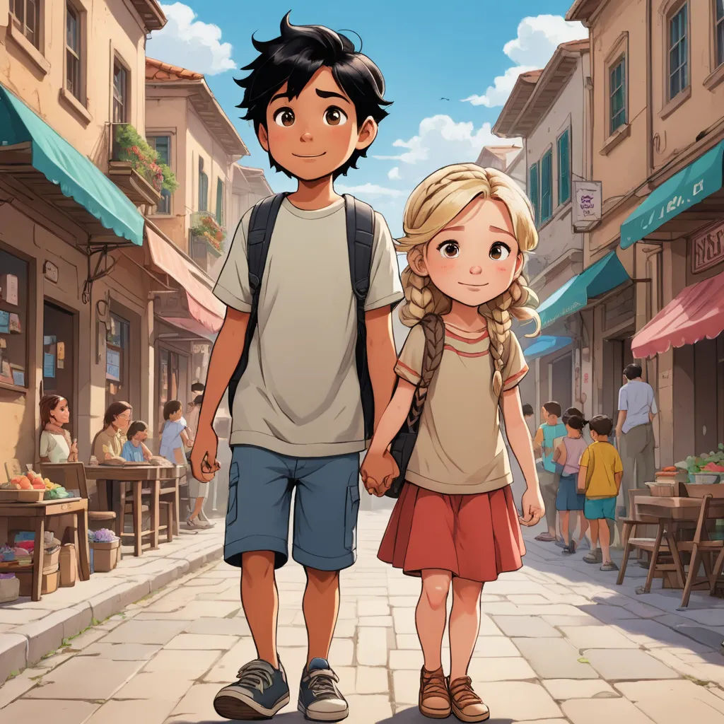 a boy and a girl walking down a street holding hands and looking at the camera with a crowd of people in the background, lyco art, a storybook illustration, disney, official art