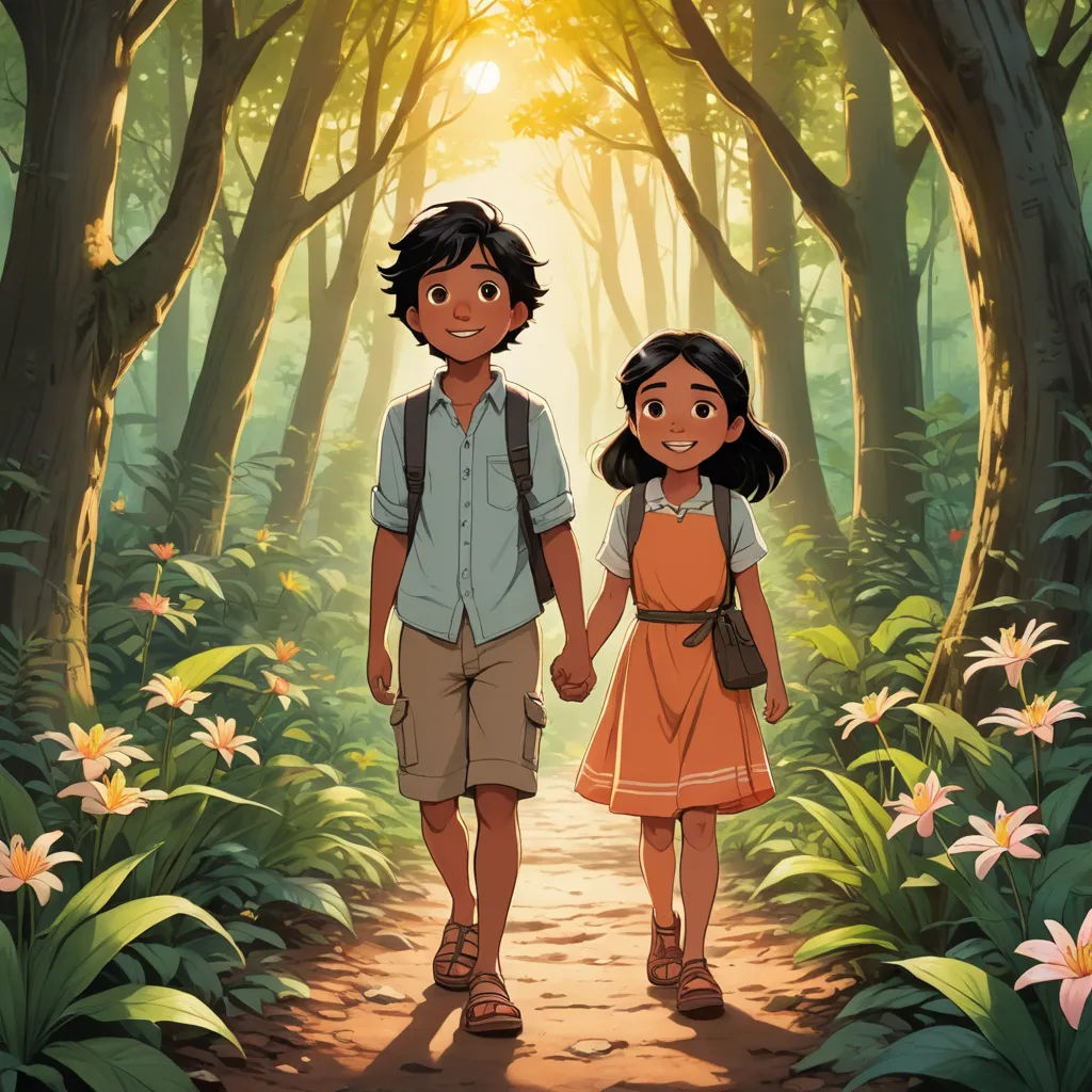 a boy and a girl walking through a forest holding hands and looking at the camera with the sun shining through the trees, samikshavad, a poster, disney, official art
