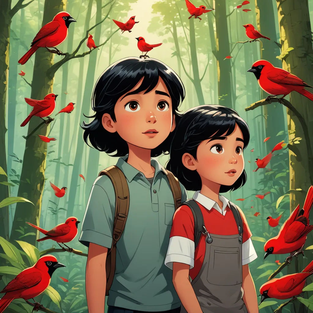 a boy and a girl standing in a forest with red birds flying overhead and a forest full of red birds, serial art, poster art, Diego Gisbert Llorens, birds