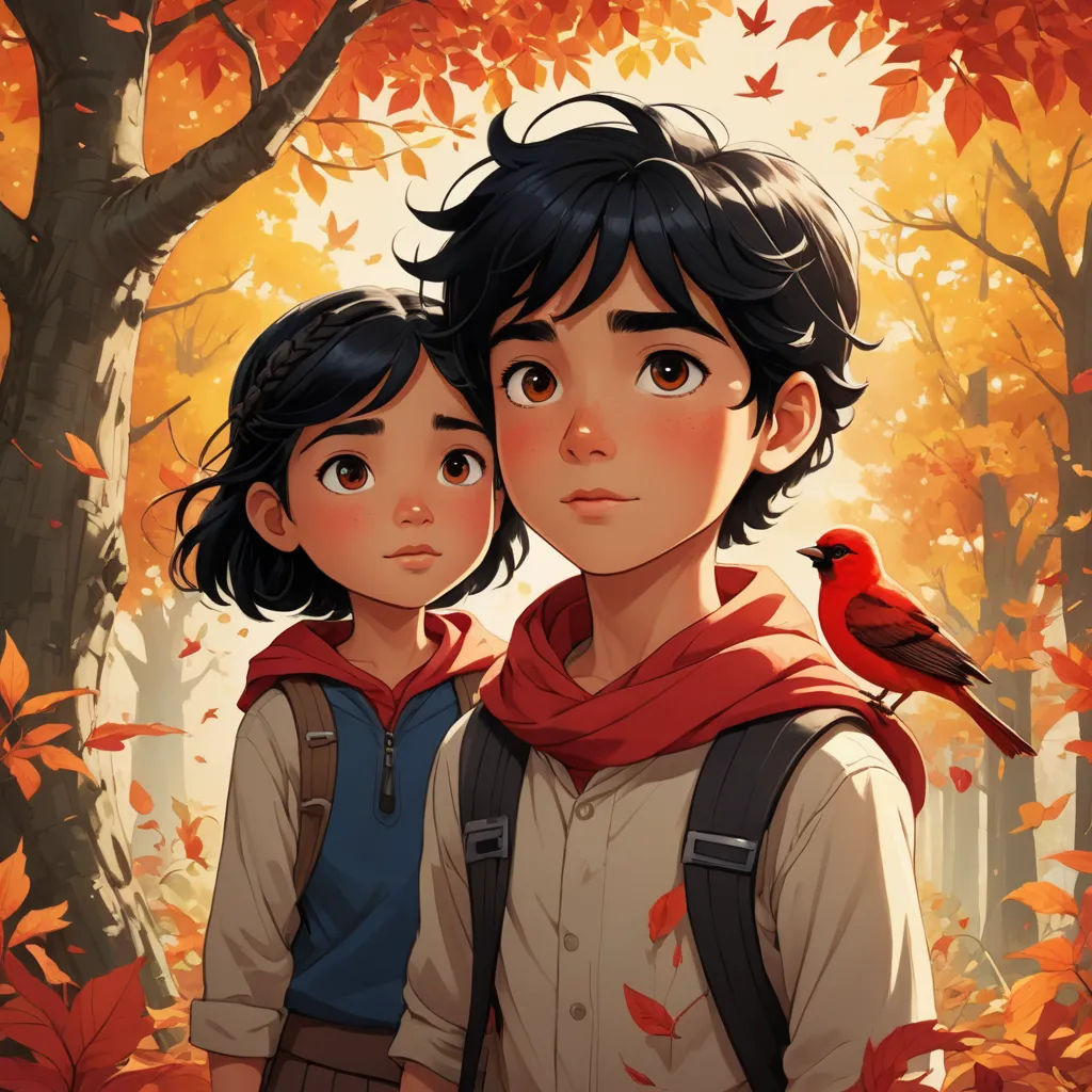 a couple of people standing next to each other in a forest with leaves on the ground and a bird on their shoulder, serial art, a storybook illustration, Atey Ghailan, rossdraws global illumination