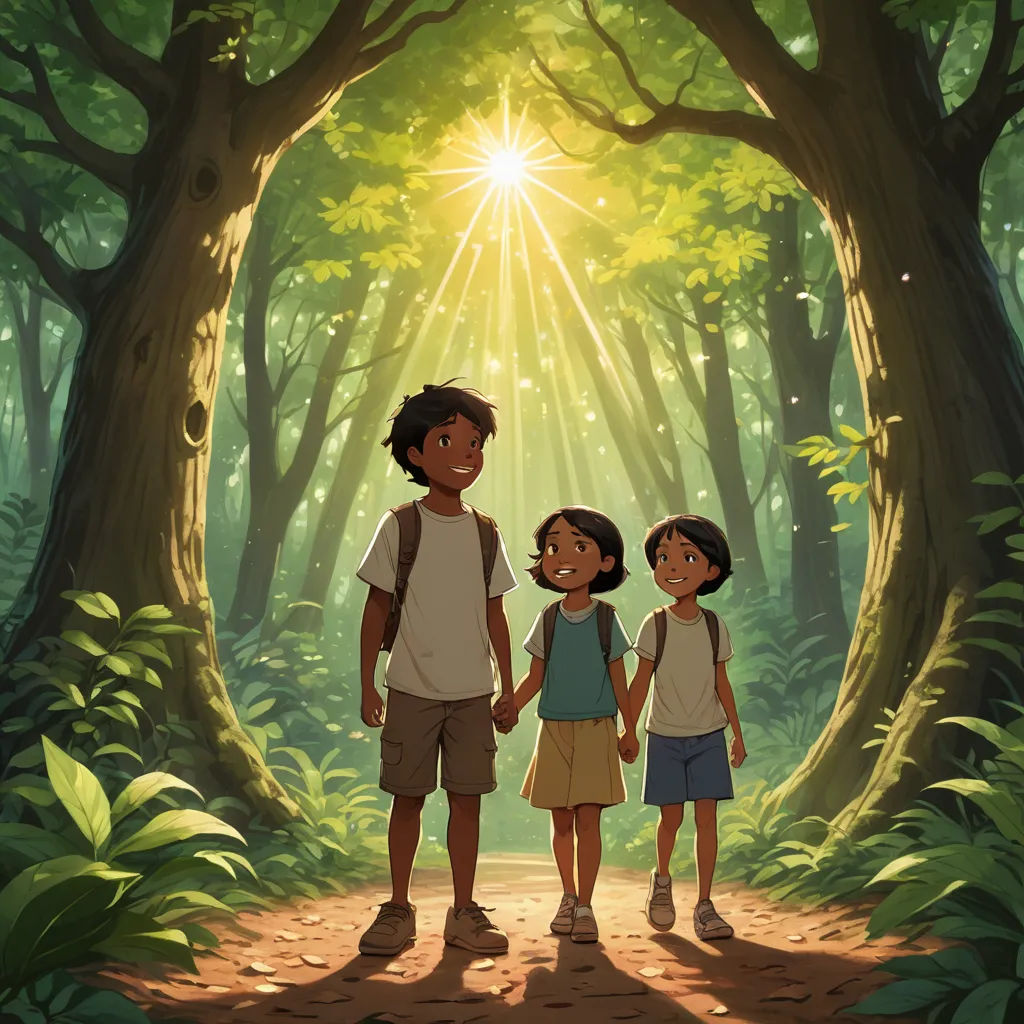a group of children standing in the middle of a forest with a bright light coming through the trees on the other side of the forest, magical realism, a storybook illustration, disney, ghibli