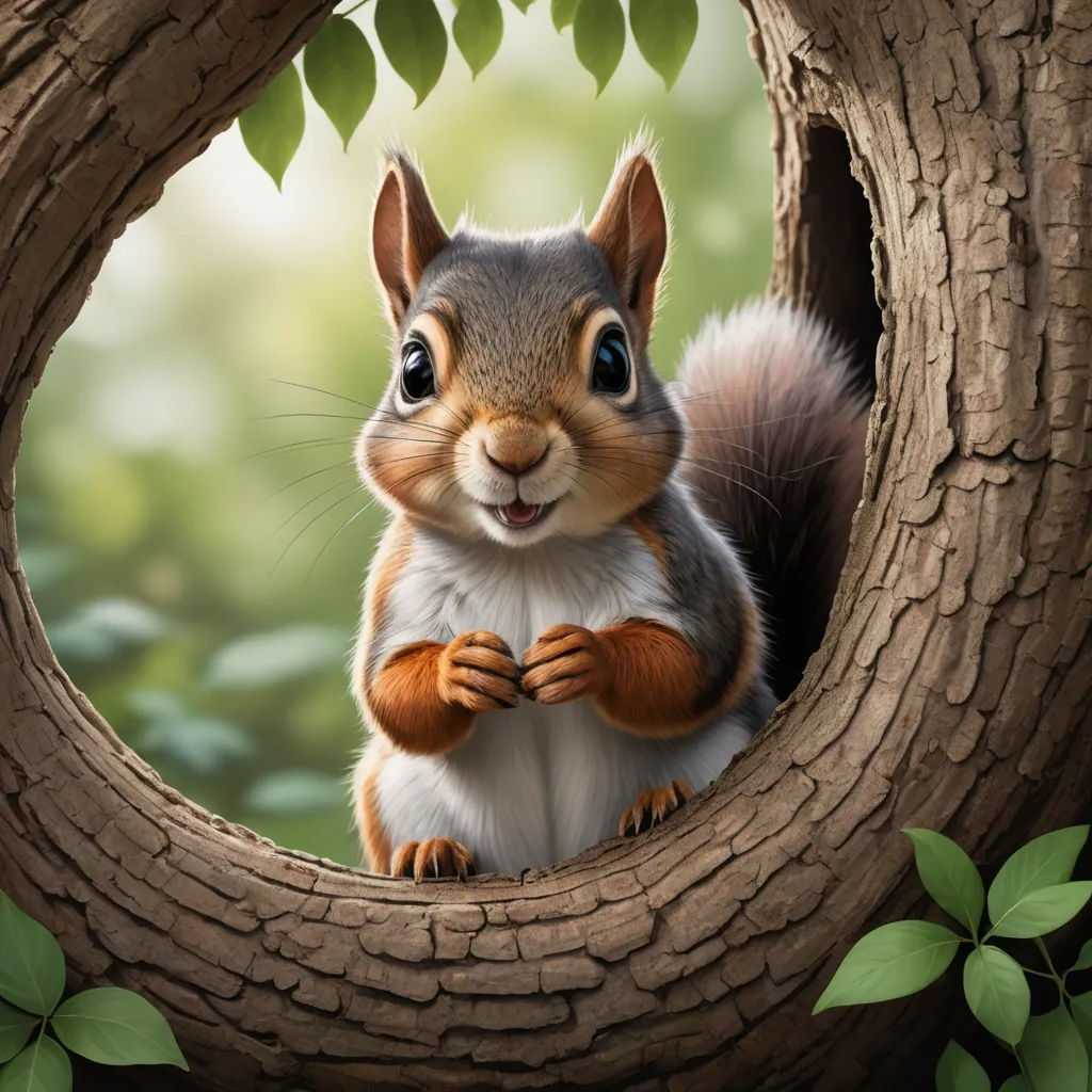 a squirrel is peeking out of a hollow in a tree trunk with leaves surrounding it and a green background, photorealism, a digital painting, Chris LaBrooy, cgstudio