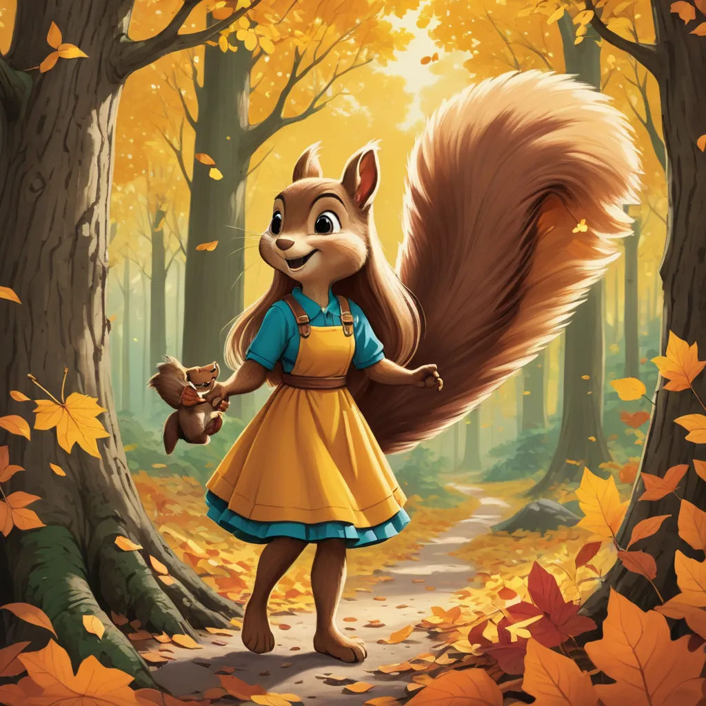 a cartoon squirrel with a squirrel on its back in a forest with leaves and trees, and a girl holding a teddy bear, furry art, a storybook illustration, Anne Said, official art