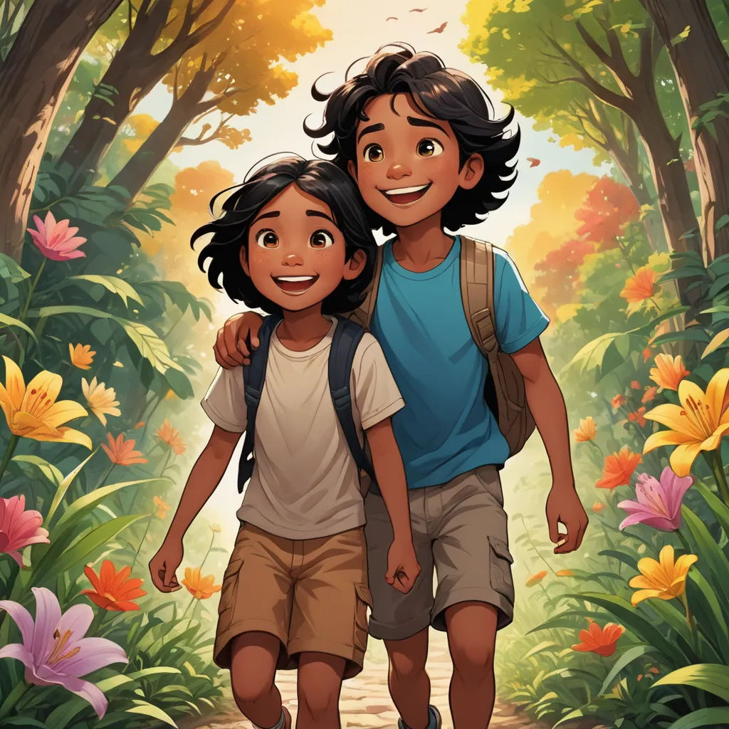 a boy and girl walking through a forest together with flowers in the background and a sun shining through the trees, serial art, a storybook illustration, Brothers Hildebrandt, comic cover art