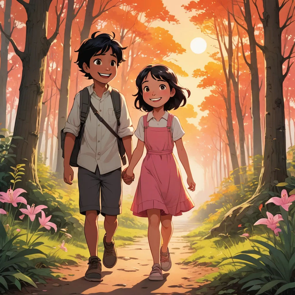 a boy and a girl walking down a path in the woods holding hands and smiling at the camera, with the sun shining through the trees, private press, poster art, Atey Ghailan, official art